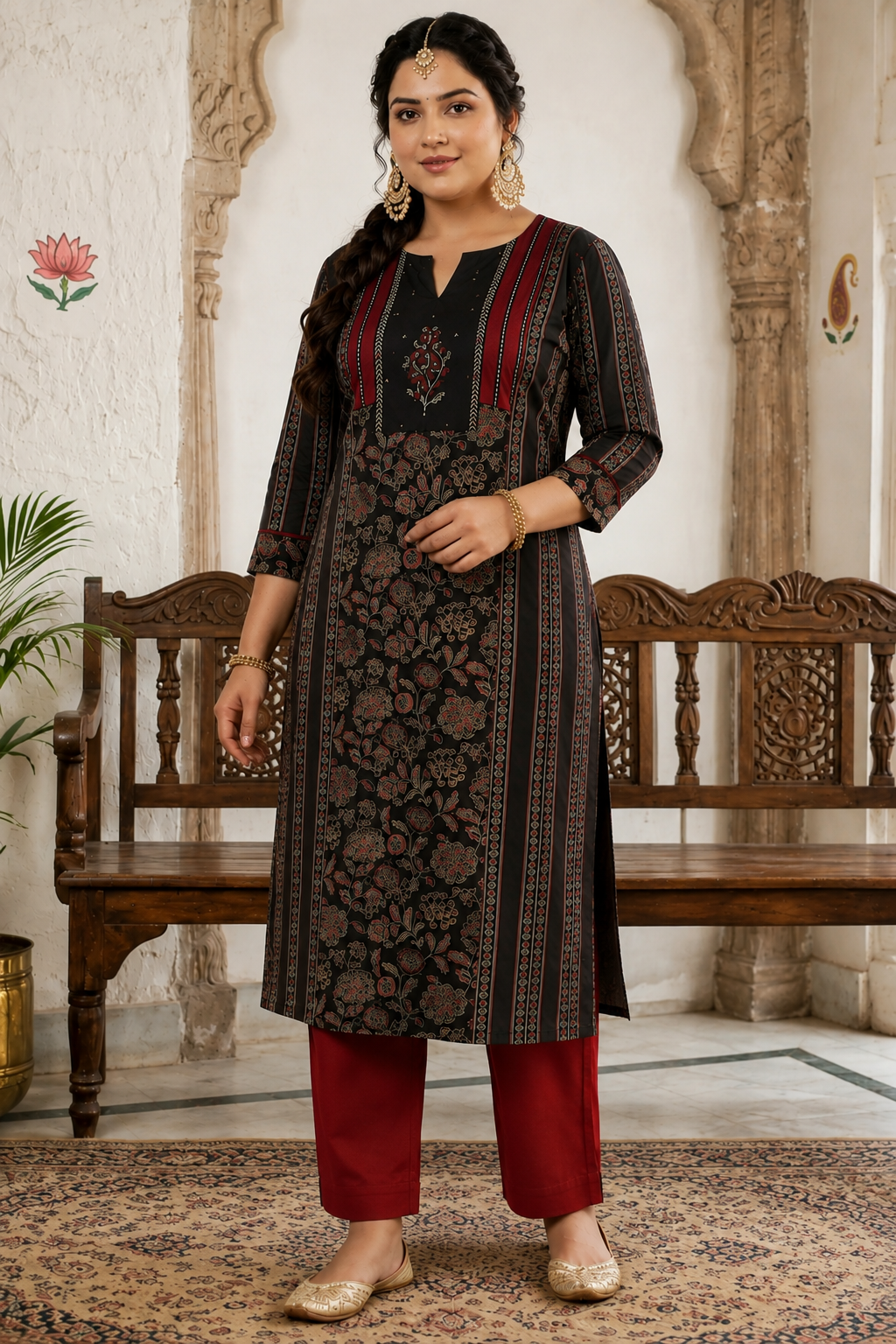 Plus size- Cotton Straight Kurta Featuring Panelled Structure, Block Print and Sequin Handwork