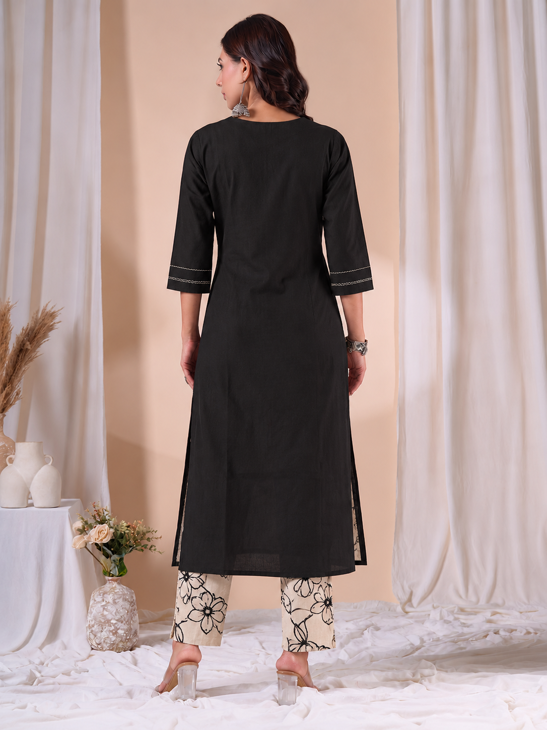 Straight Fit Cotton Kurta Set with Floral Embroidery, Crochet Lace and Printed Pants.