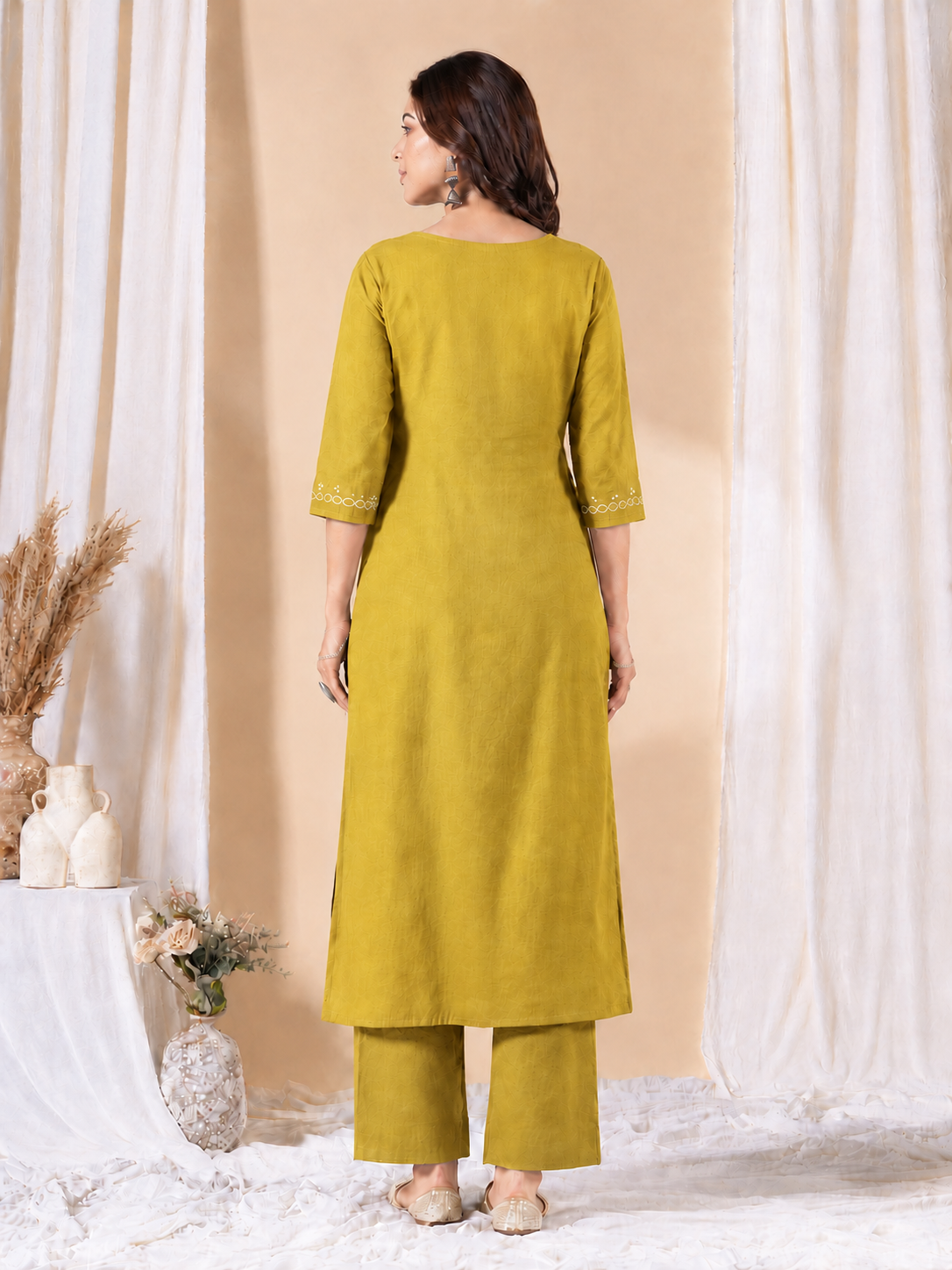 Straight Fit Silk Blend Kurta Set with Zari Embroidery & Sequins work, Plain Matching Palazzo.(Yellow)