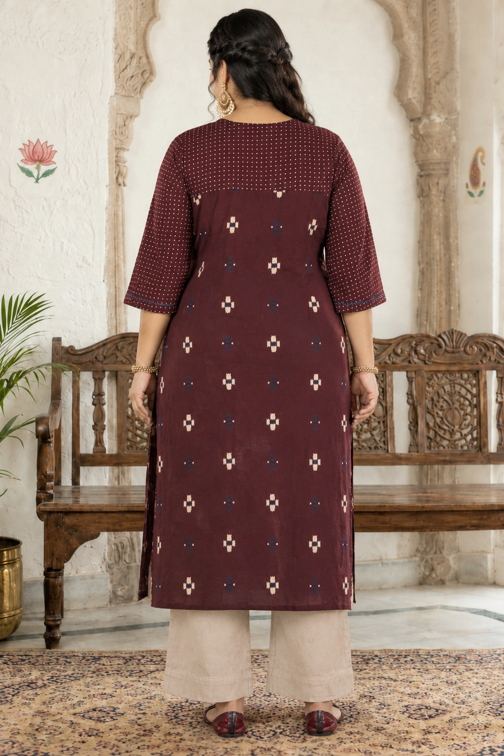 Plus size- Straight Fit Cotton Printed Kurta with Shoulder Yoke, Front Tucks and Hand Embroidery on Yoke and Sleeves