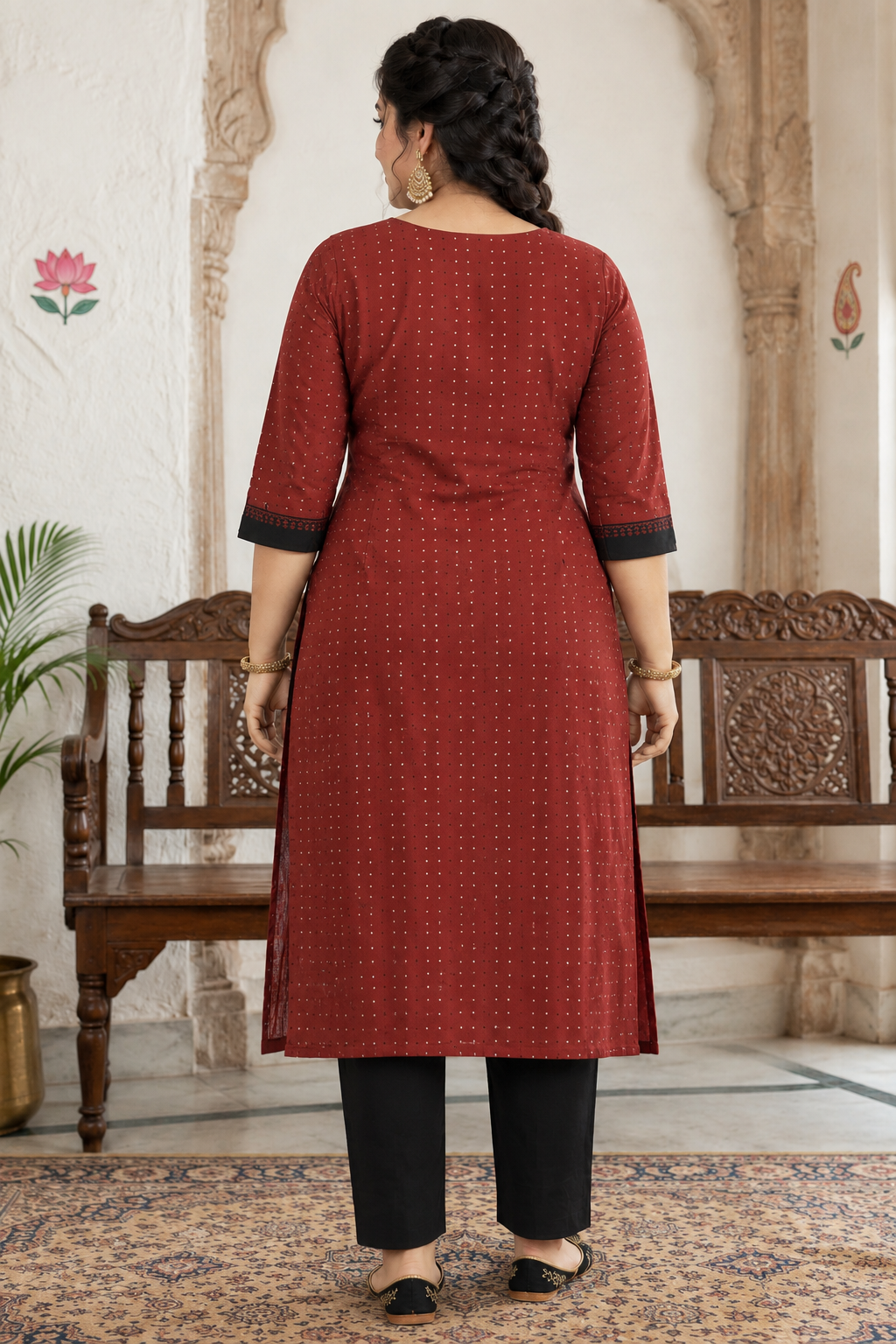 Plus size- Cotton Dobby Straight Kurta with Block Print and Handwork on Placket & Sleeve Cuffs.