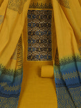 Yellow Unstitched suit set with kalamakri yoke paired with double dyed dupatta.