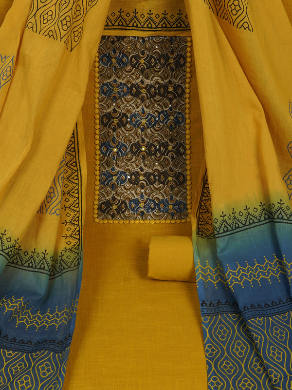 Yellow Unstitched suit set with kalamakri yoke paired with double dyed dupatta.