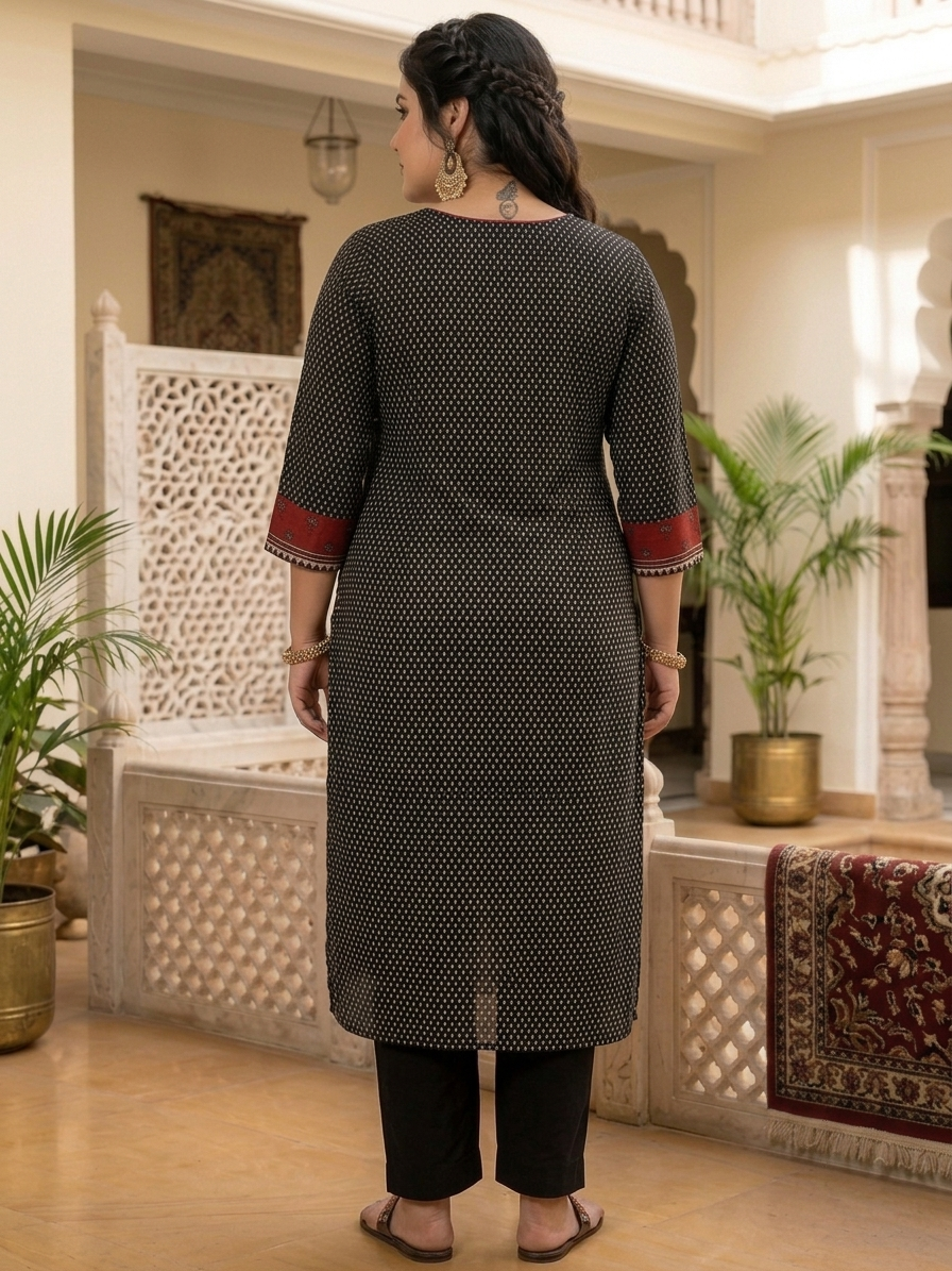 Plus size- Stylish Cotton Printed Straight Kurta with Ajrakh Design and Mirror Work Yoke Accent