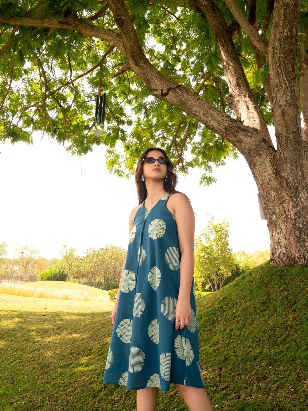JOYLAND - Cobalt Blue cotton Printed box pleat and a comfortable flared A-line dress.