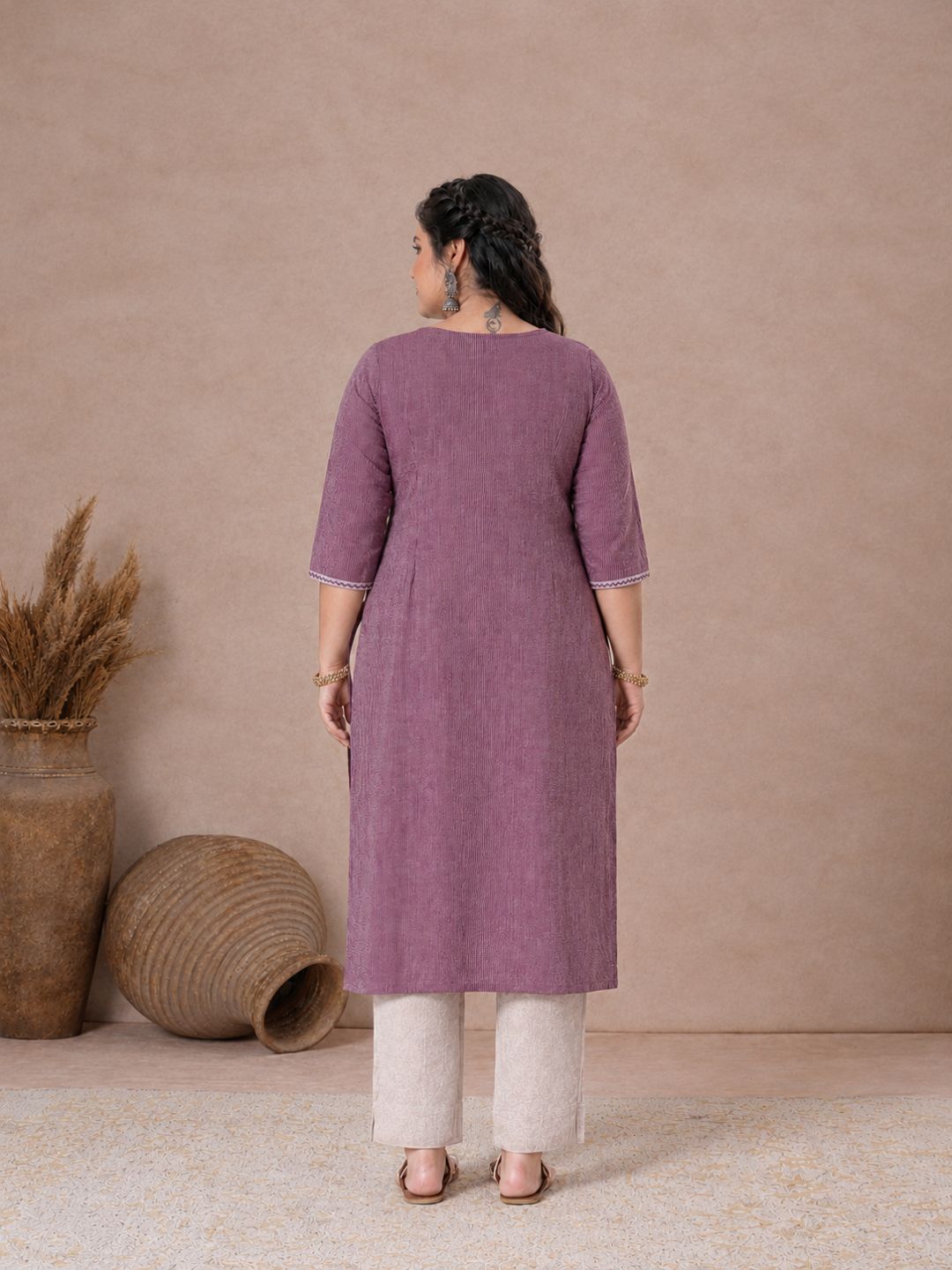Plus Size- Straight Striped Cotton Kurta in Woven Fabric with Block Print Yoke and Mirror Handwork.