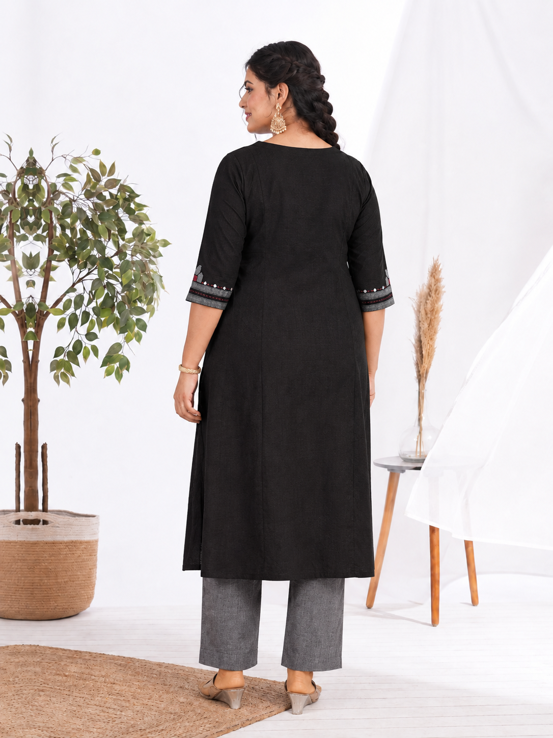 Plus size- A-line Cotton Kurta with Mirror Work, Striped Panel & Geometric Applique.