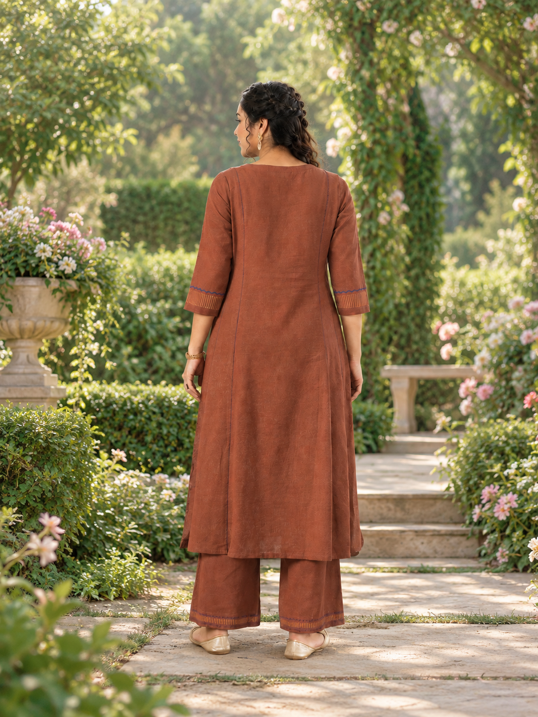 Plus size- Pocketed A-Line Cotton Flex Kurta set with Block Print and Handwork Paired with Palazoo.