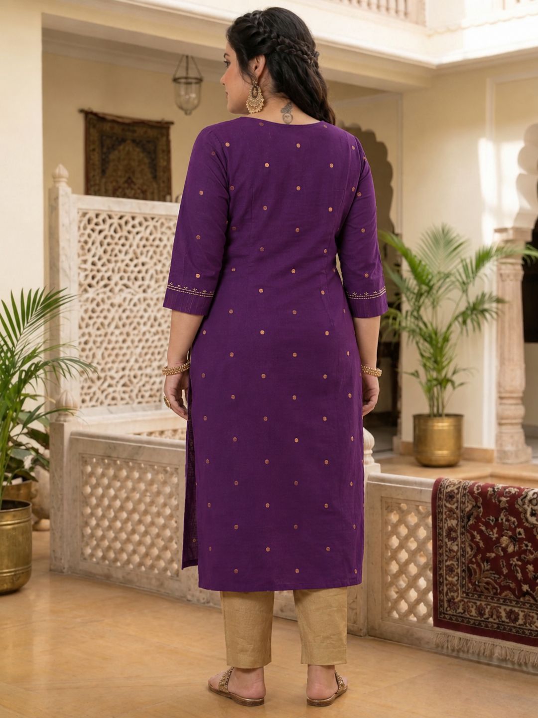 Plus Size- Straight Fit Cotton Woven Kurta with Zari, Embroidery and Handwork Detail.