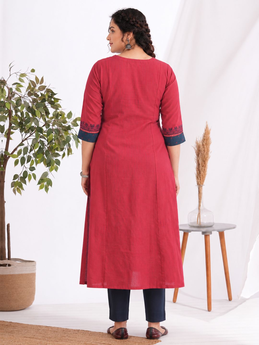 Plus Size- Pocketed A-Line Kurta in Woven Stripe Cotton with Dobby Trim, Block Print and Delicate Handwork Accents.