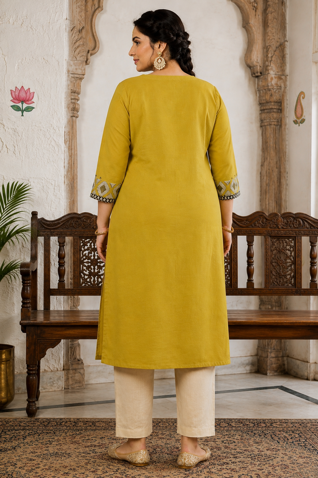 Plus size- Stylish Mustard Cotton Straight Kurta Featuring Block Printed Yoke and Mirror Detailing
