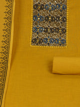 Yellow Unstitched suit set with kalamakri yoke paired with double dyed dupatta.