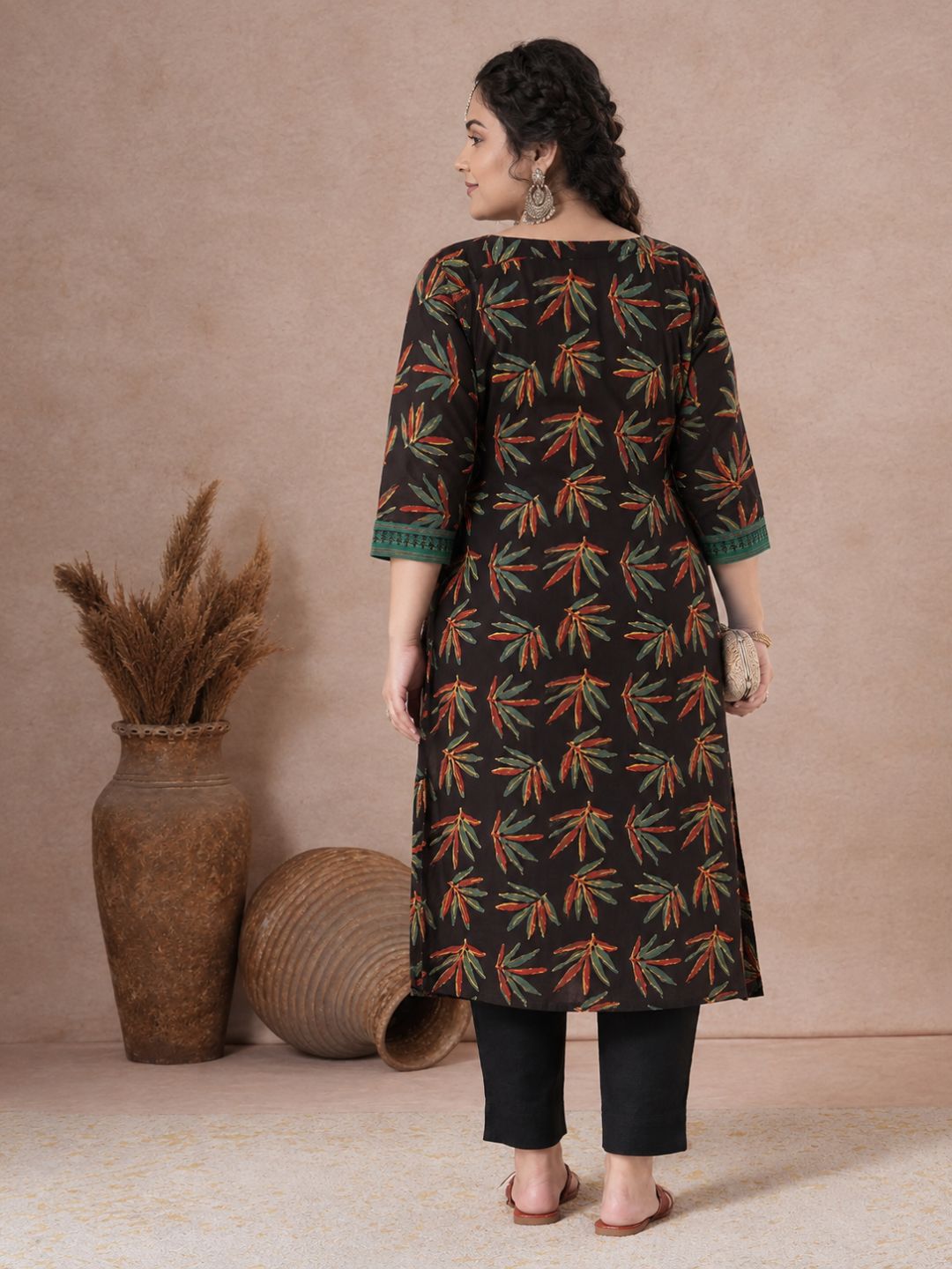 Plus Size- Straight Fit Cotton Printed Kurta with Striped Block Print Yoke & Cuff Detailing