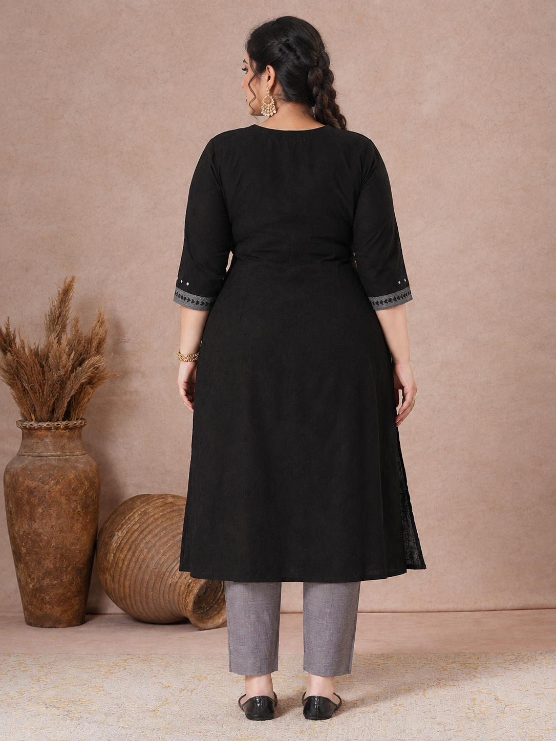 Plus Size A-Line Kurta with Block Print Panel with Mirror Work & Contrast Detail.