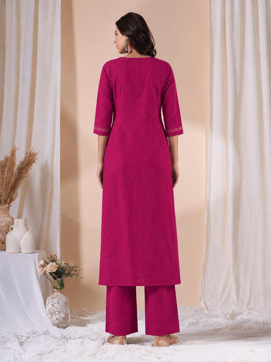 Straight Fit Silk Blend Kurta Set with Zari Embroidery & Sequins work, Plain Matching Palazzo.(Pink)
