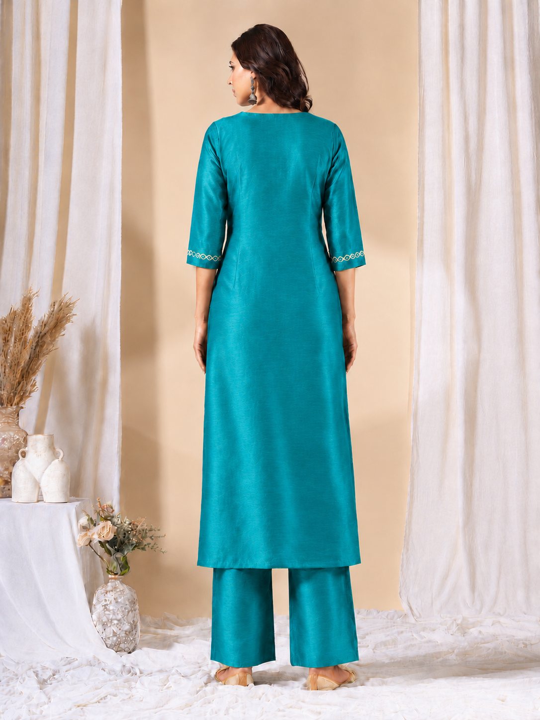 Straight Fit Silk Blend Kurta Set with Zari Embroidery & Sequins work, Plain Matching Palazzo.(Turquoise)