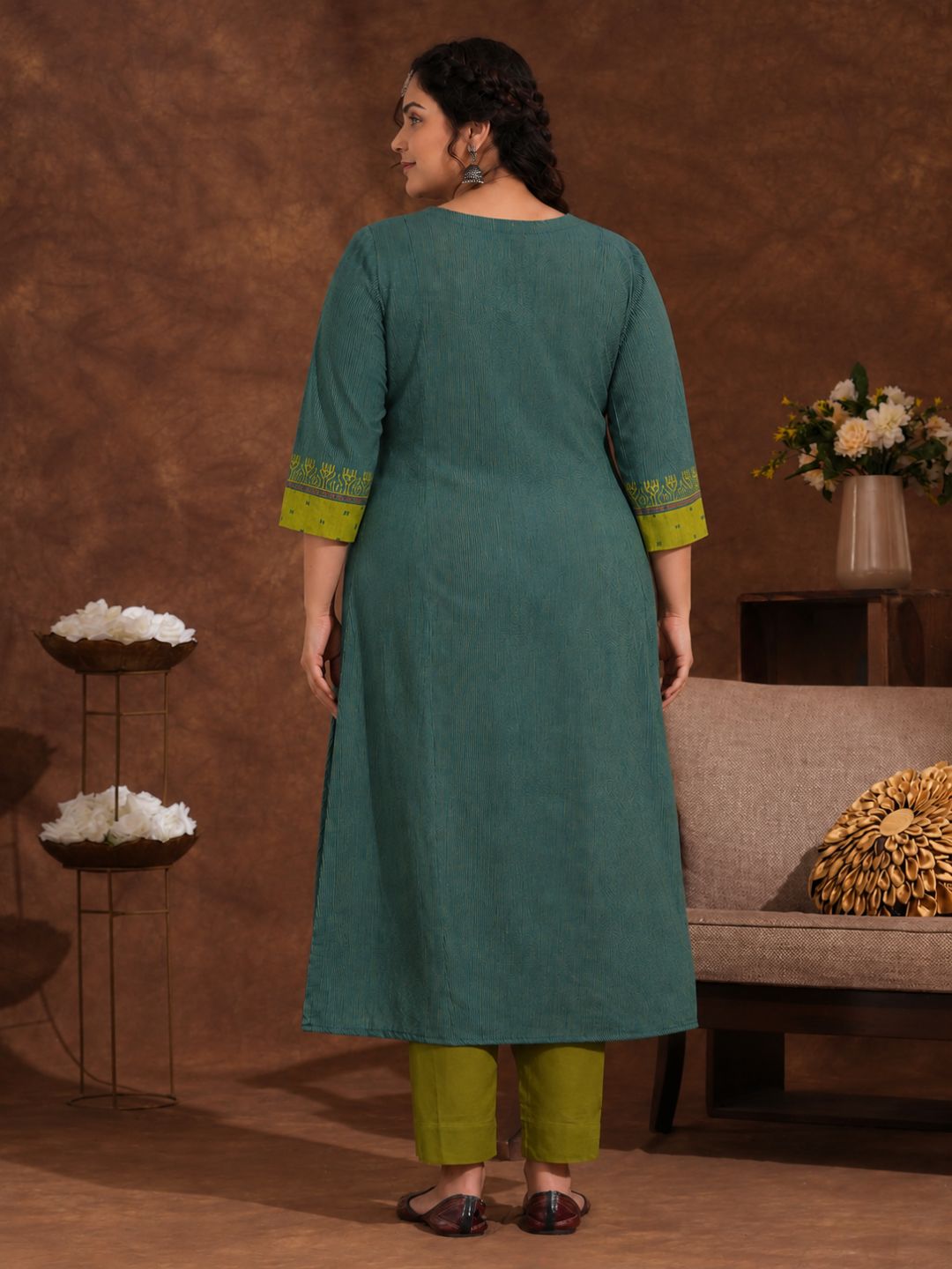 Plus Size- Pocketed A-Line Kurta in Woven Stripe Cotton with Dobby Trim, Block Print and Delicate Handwork Accents.