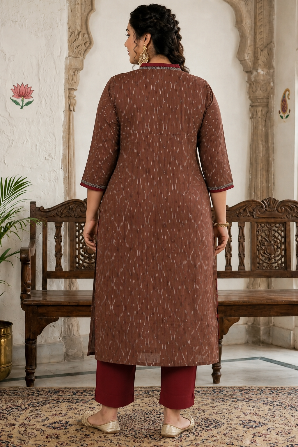 Plus size- Straight Fit Ikat Kurta with Featuring Woven Stripes, Handwork & Solid Trim.