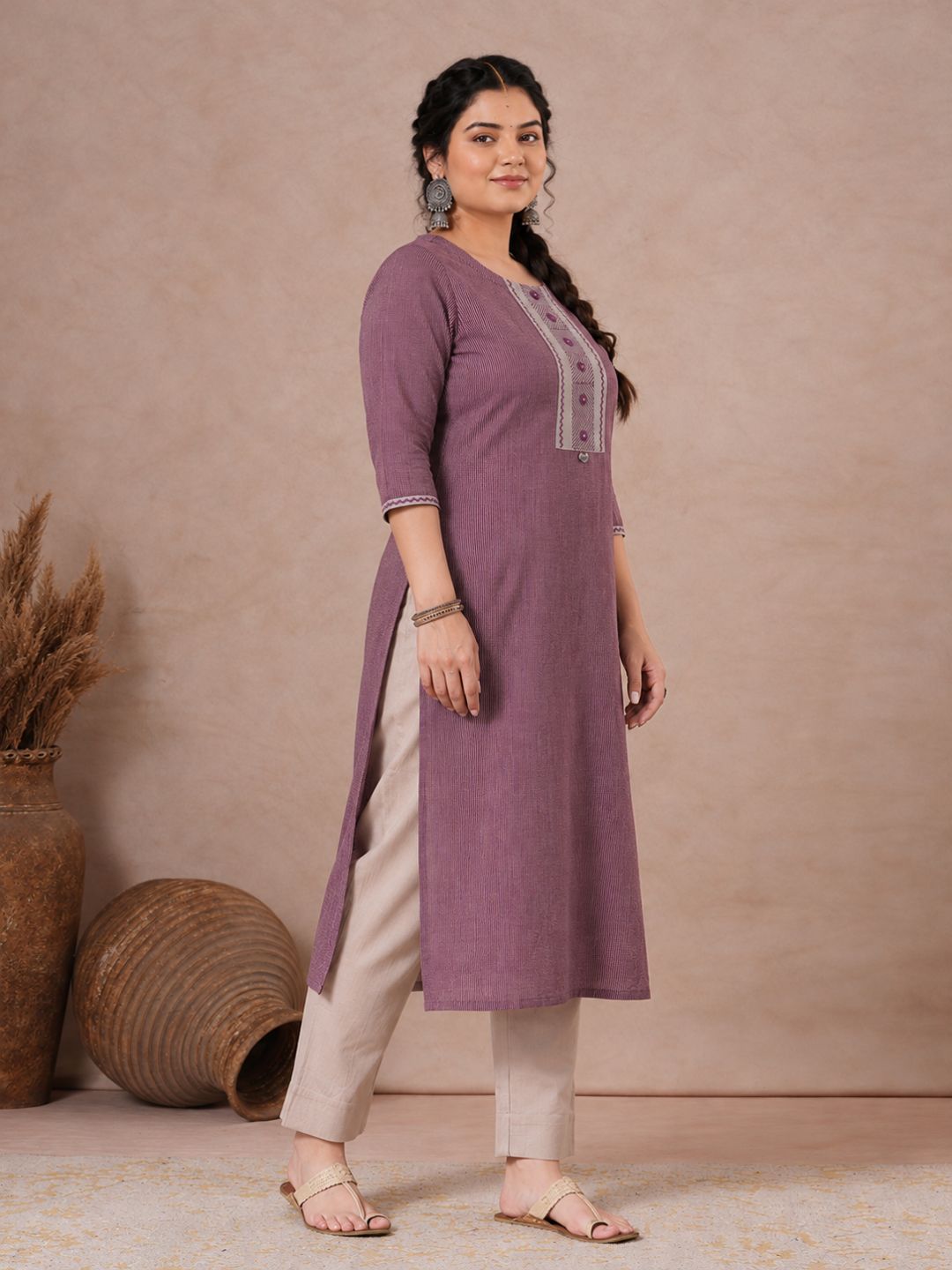 Plus Size- Straight Striped Cotton Kurta in Woven Fabric with Block Print Yoke and Mirror Handwork.