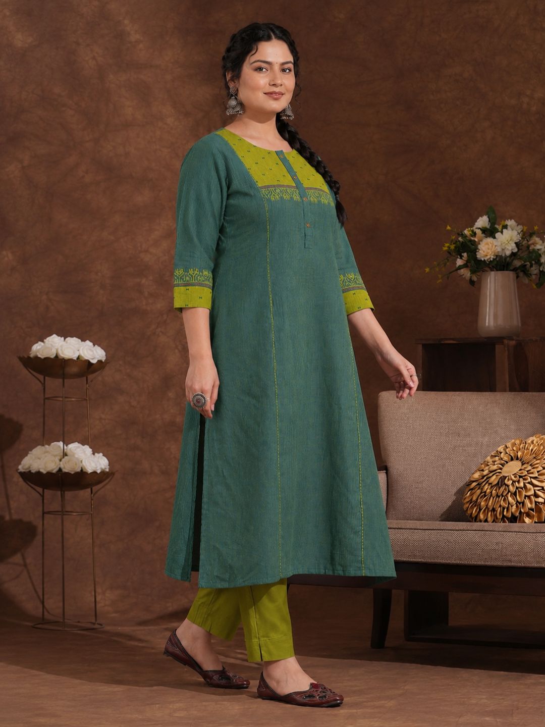 Plus Size- Pocketed A-Line Kurta in Woven Stripe Cotton with Dobby Trim, Block Print and Delicate Handwork Accents.