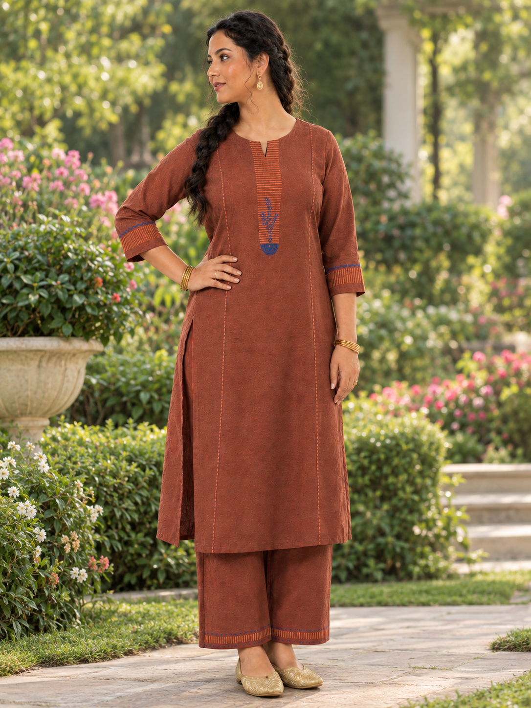 Plus size- Pocketed A-Line Cotton Flex Kurta set with Block Print and Handwork Paired with Palazoo.