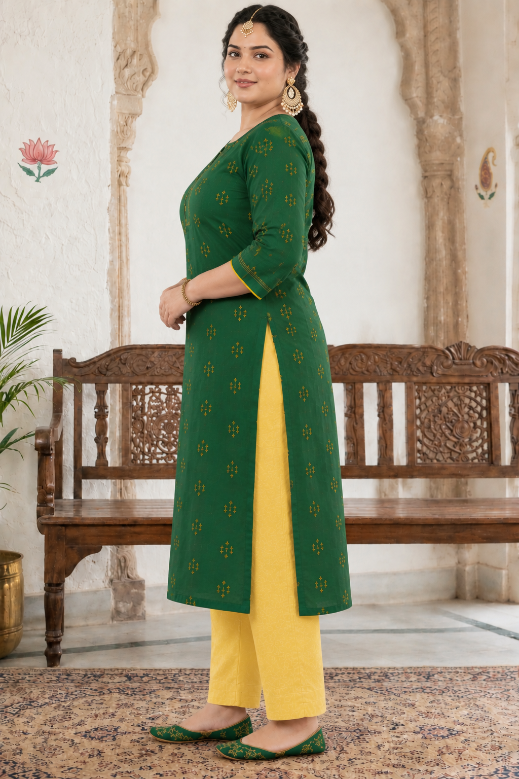 Plus size- Elegant Straight Fit Cotton Dobby Kurta with Hand Embroidery and Mirror Embellishment