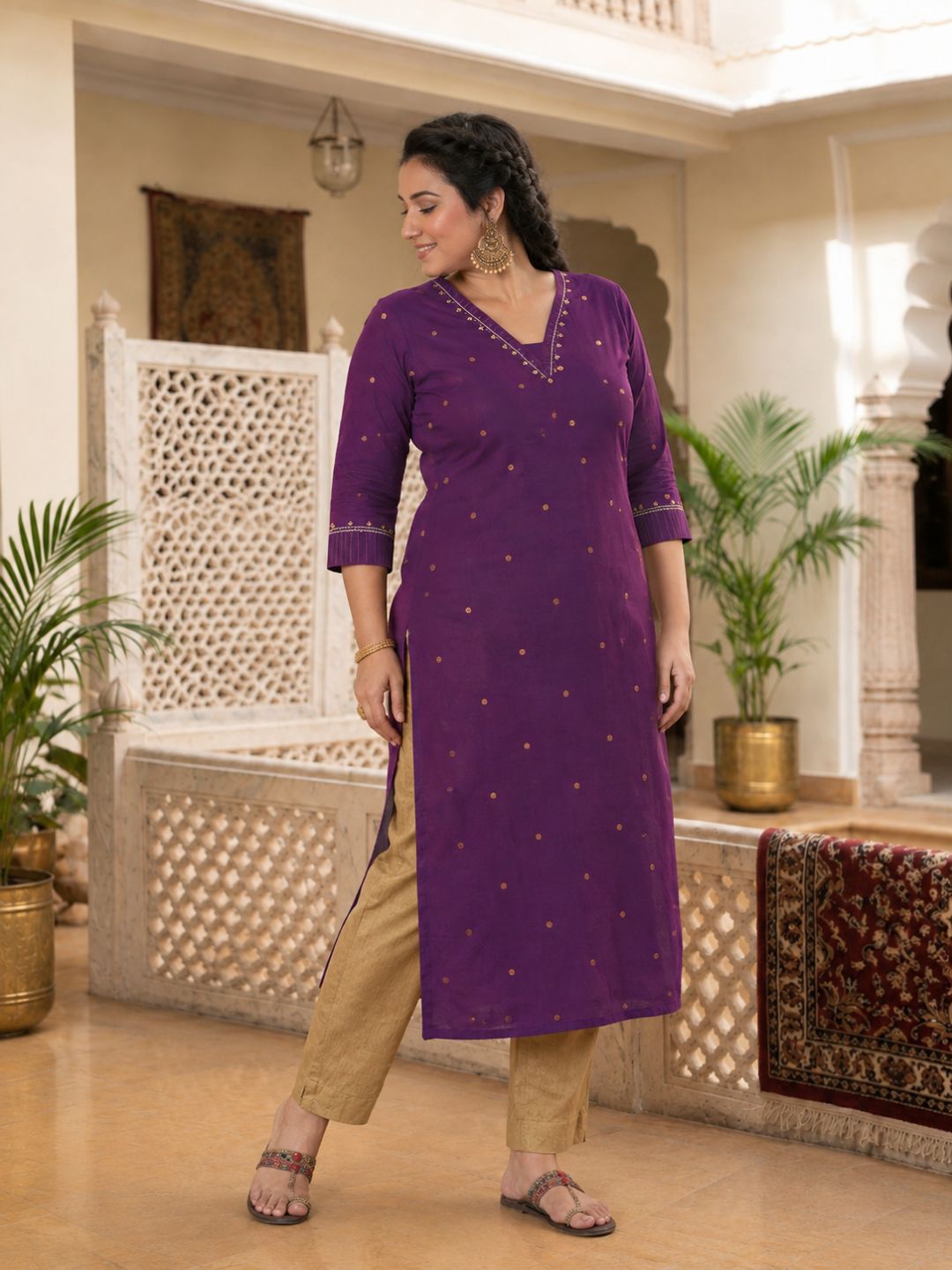 Plus Size- Straight Fit Cotton Woven Kurta with Zari, Embroidery and Handwork Detail.