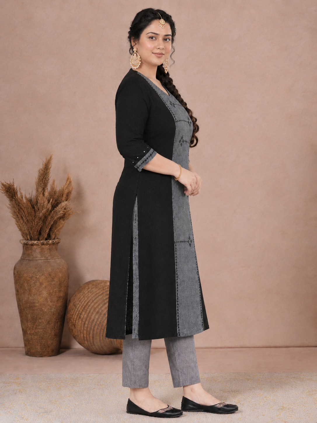 Plus Size A-Line Kurta with Block Print Panel with Mirror Work & Contrast Detail.