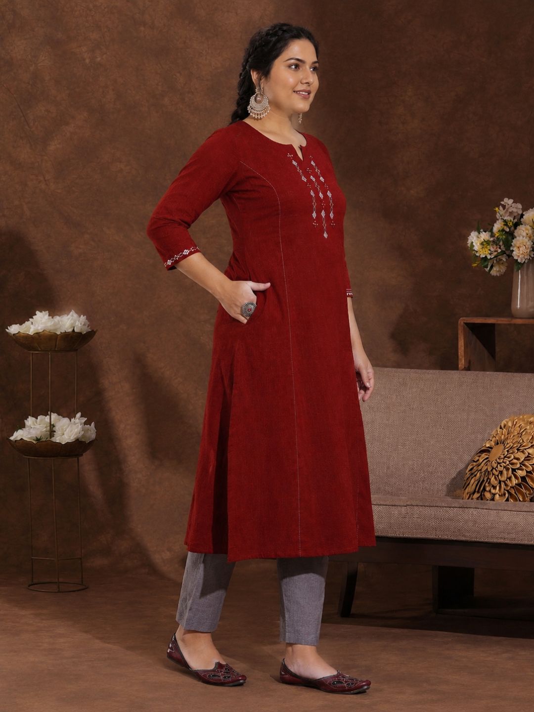 Plus Size- A-Line Pocketed Cotton Slub Kurta Featuring Thread Embroidery and Mirror Work.