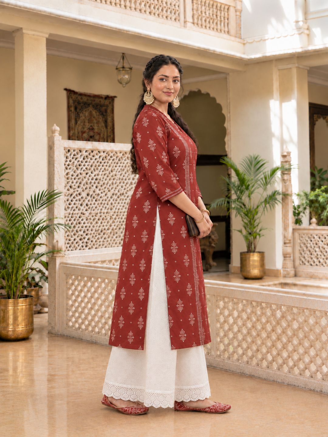 Plus Size- Cotton Straight Princess Shoulder Kurta with Block Print Centre Panel and Sleeve Detailing