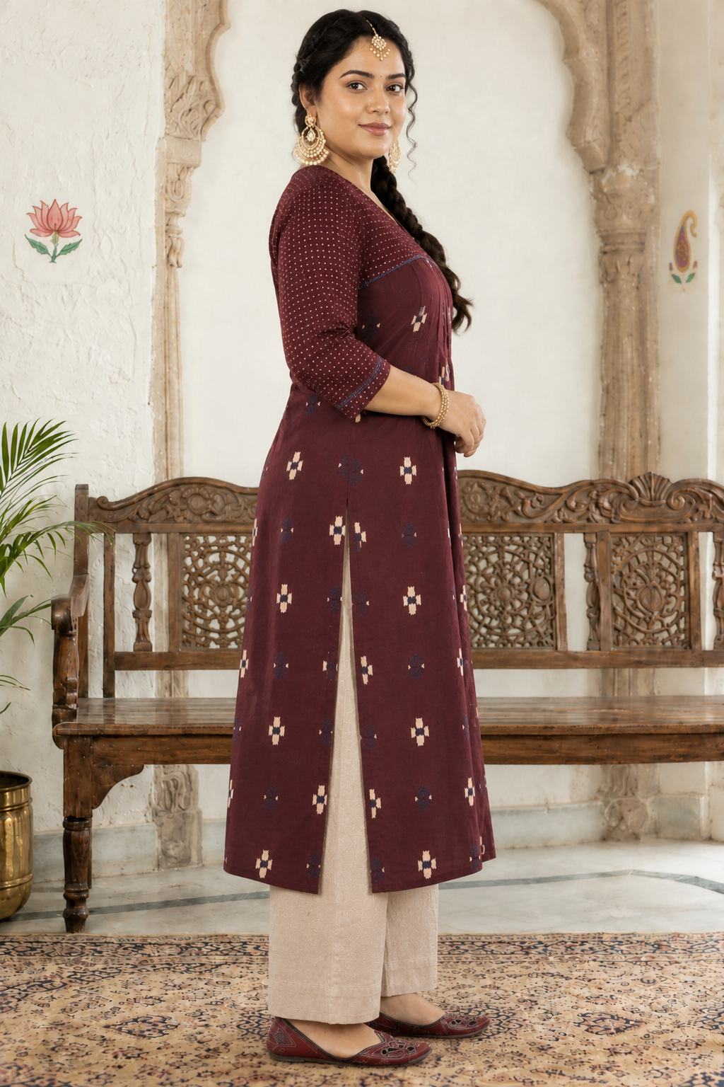 Plus size- Straight Fit Cotton Printed Kurta with Shoulder Yoke, Front Tucks and Hand Embroidery on Yoke and Sleeves