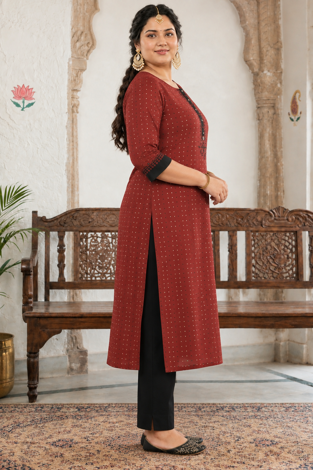 Plus size- Cotton Dobby Straight Kurta with Block Print and Handwork on Placket & Sleeve Cuffs.