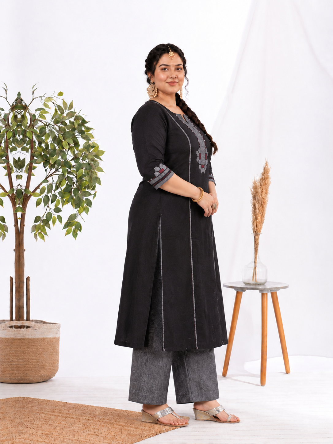Plus size- A-line Cotton Kurta with Mirror Work, Striped Panel & Geometric Applique.
