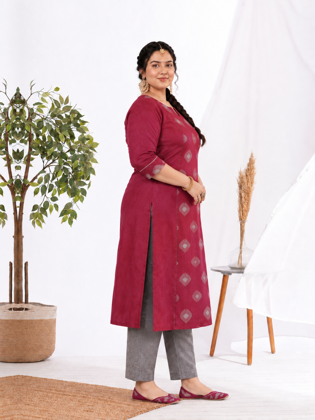 Plus Size Pocketed A-line cotton kurta with a printed center panel and hand work detailing.(Maroon)