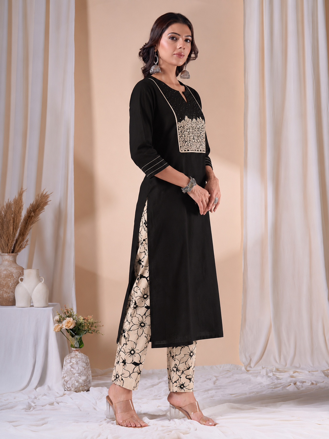 Straight Fit Cotton Kurta Set with Floral Embroidery, Crochet Lace and Printed Pants.