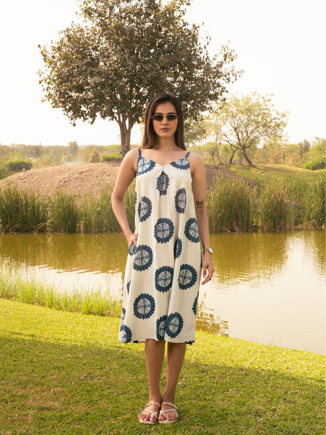 JOYLAND-Soft cotton A-line dress with indigo tie-dye prints and easy silhouette.