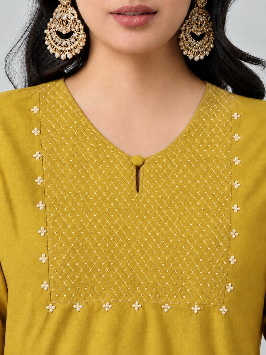 Straight Fit Silk Blend Kurta Set with Zari Embroidery & Sequins work, Plain Matching Palazzo.(Yellow)