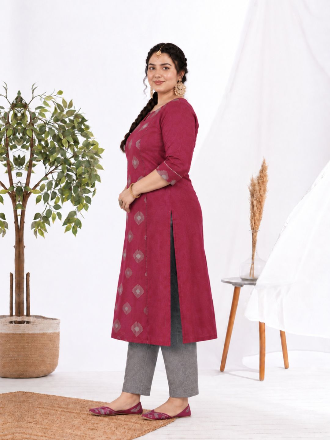Plus Size Pocketed A-line cotton kurta with a printed center panel and hand work detailing.(Maroon)