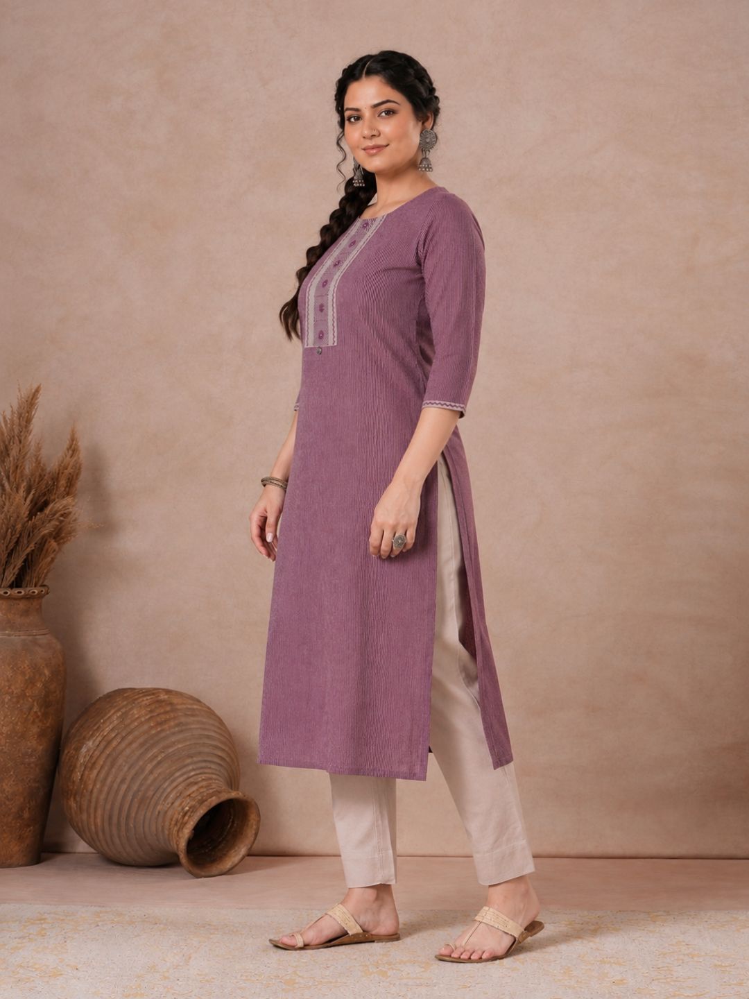 Plus Size- Straight Striped Cotton Kurta in Woven Fabric with Block Print Yoke and Mirror Handwork.
