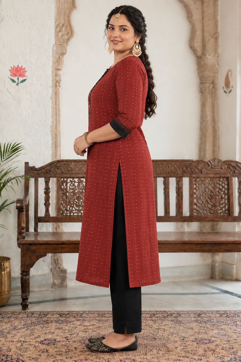 Plus size- Cotton Dobby Straight Kurta with Block Print and Handwork on Placket & Sleeve Cuffs.