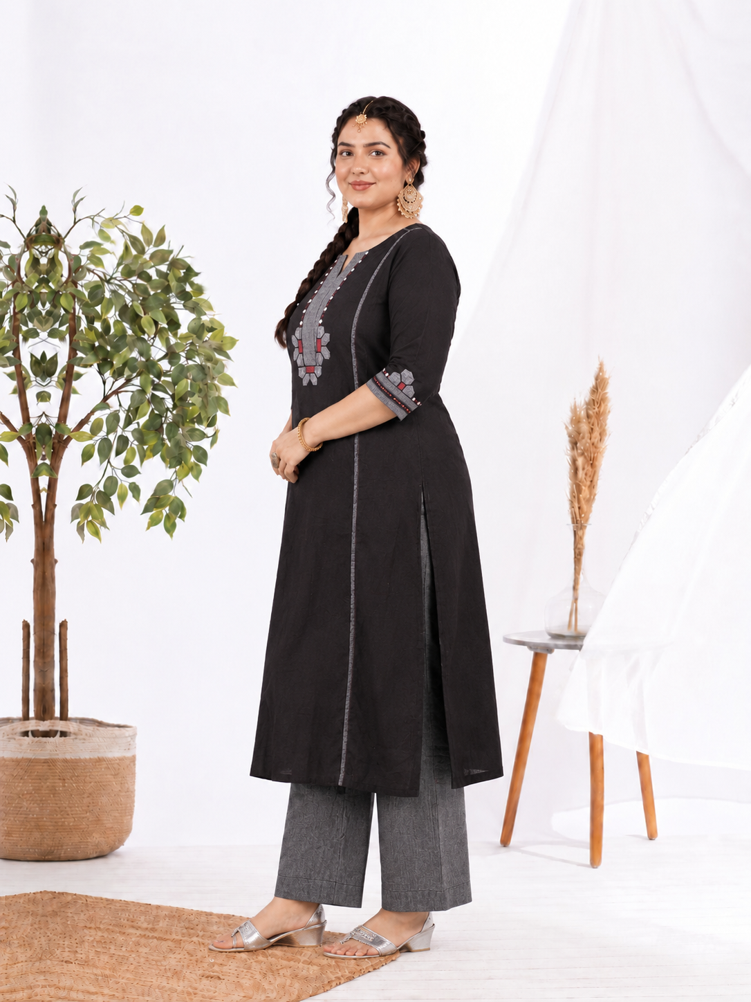 Plus Size-A-line Cotton Kurta Set with Mirror Work, Striped Panel & Geometric Applique with Striped Palazoo.