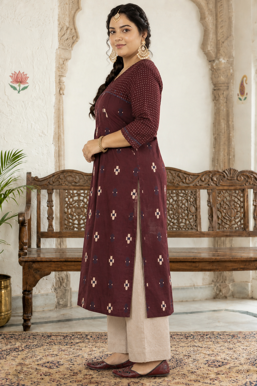 Plus size- Straight Fit Cotton Printed Kurta with Shoulder Yoke, Front Tucks and Hand Embroidery on Yoke and Sleeves