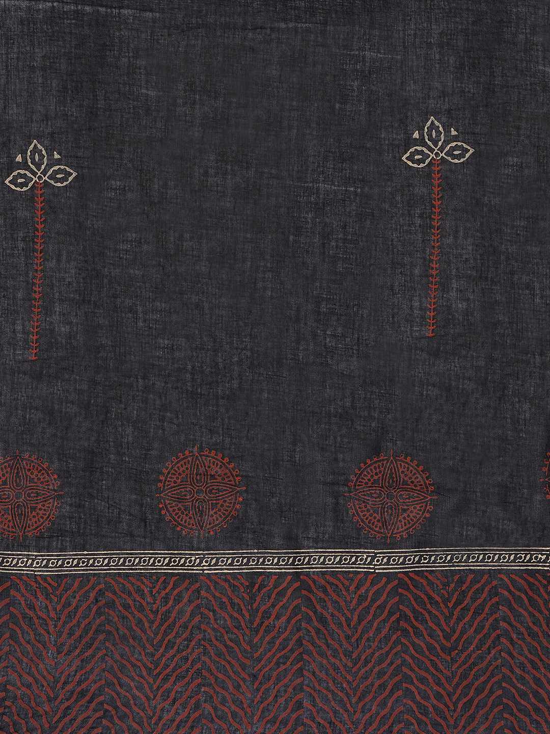 Unstitched Cotton Dress Material with kalamkari Yoke, thread work & Printed Dupatta.(Rust)