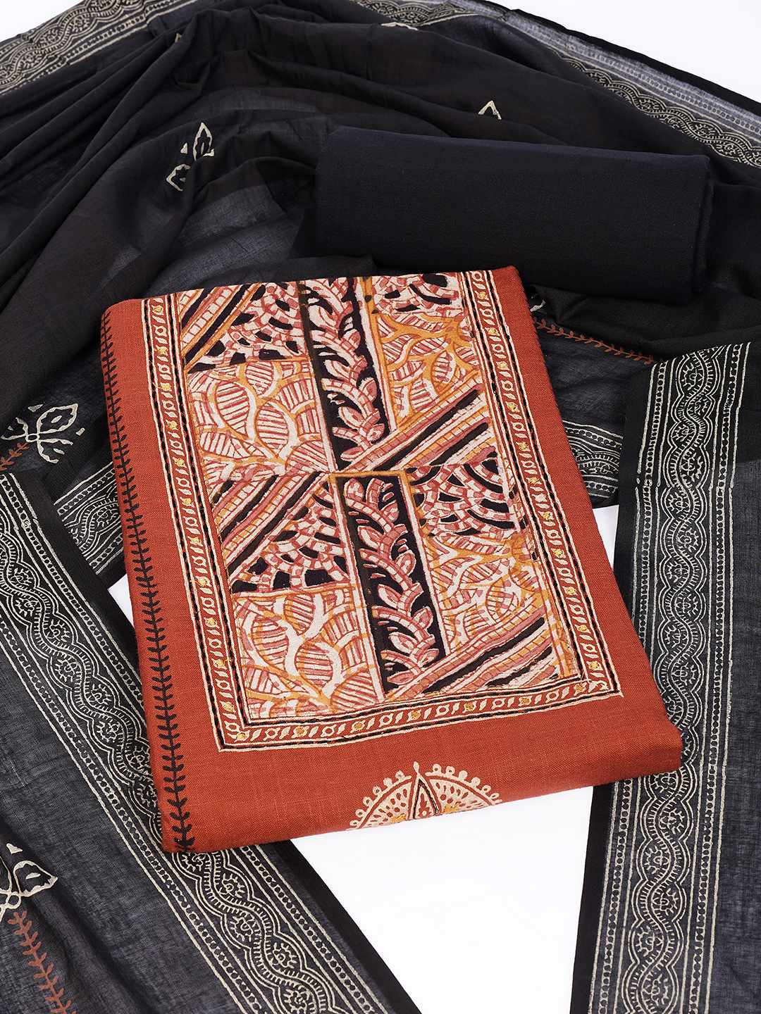 Unstitched Cotton Dress Material with kalamkari Yoke, thread work & Printed Dupatta.(Rust)