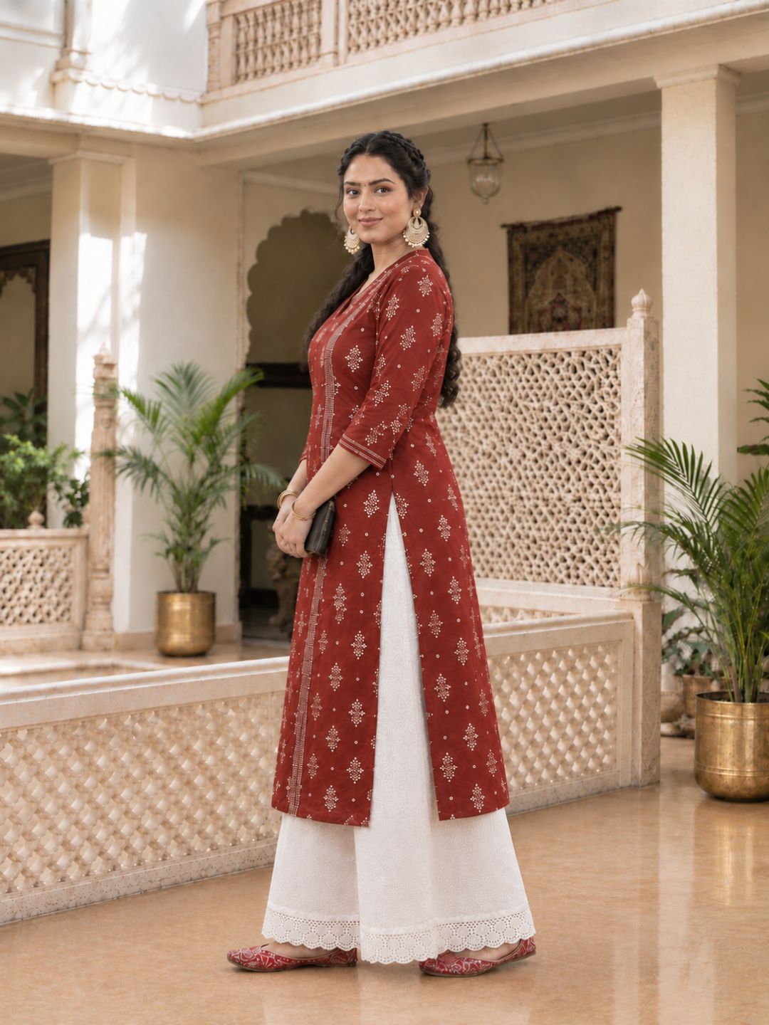 Plus Size- Cotton Straight Princess Shoulder Kurta with Block Print Centre Panel and Sleeve Detailing