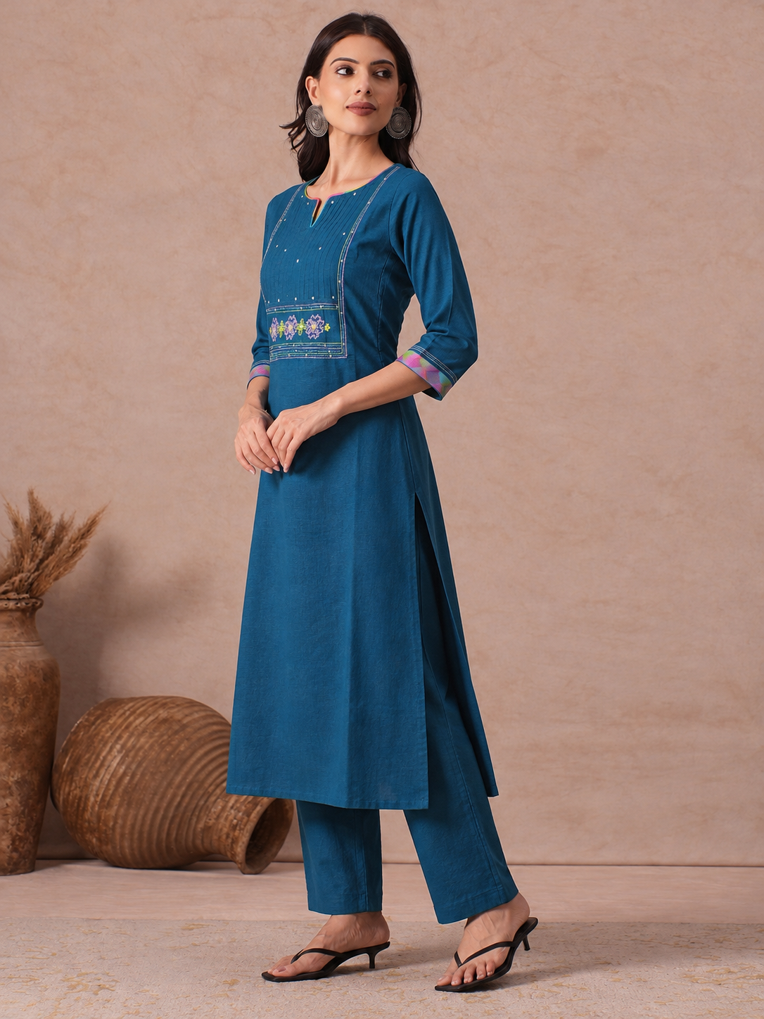 Straight Fit Cotton Kurta Set with Geometric Embroidery, Sequin Work and Plain Pants.