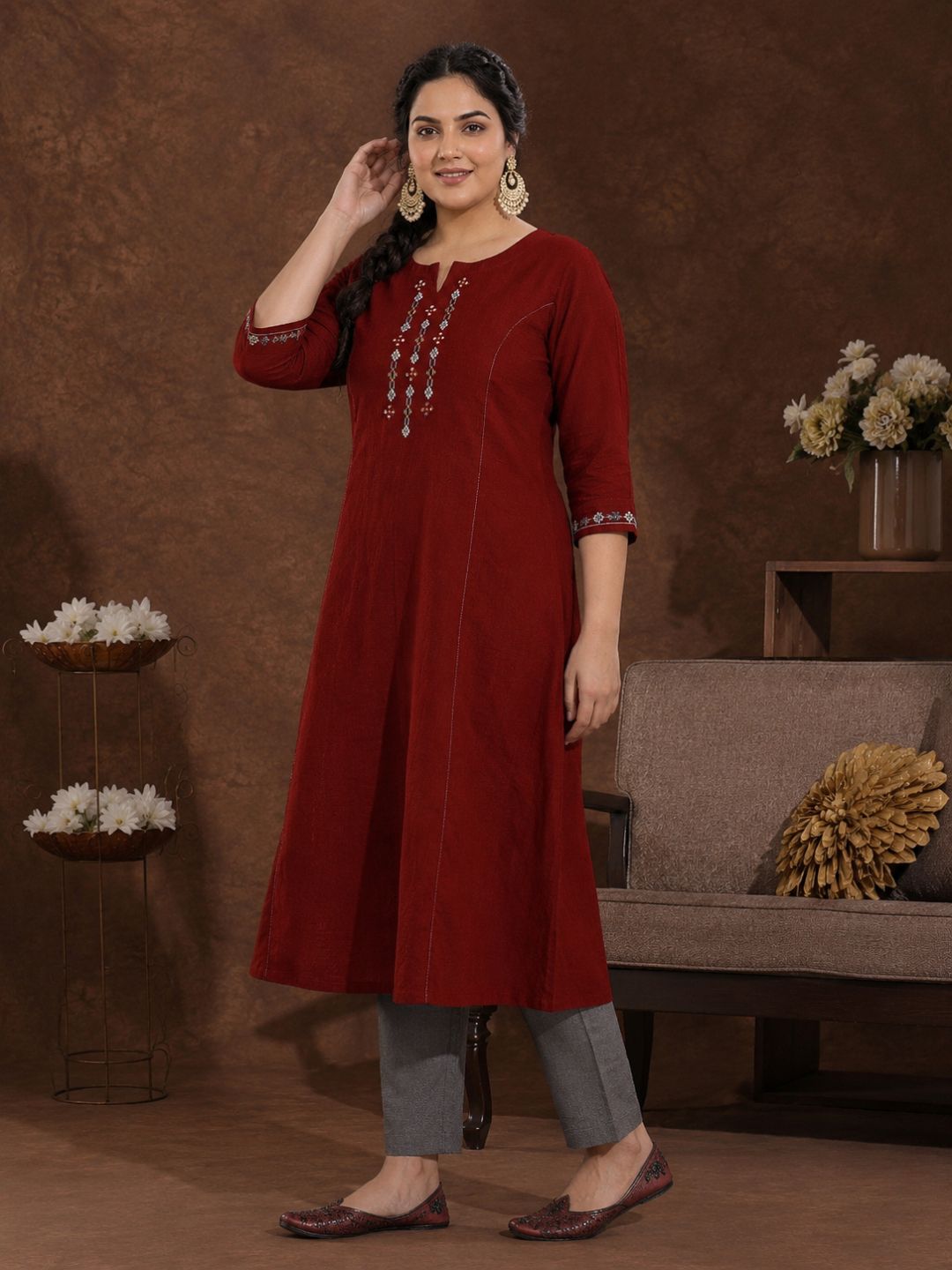 Plus Size- A-Line Pocketed Cotton Slub Kurta Featuring Thread Embroidery and Mirror Work.