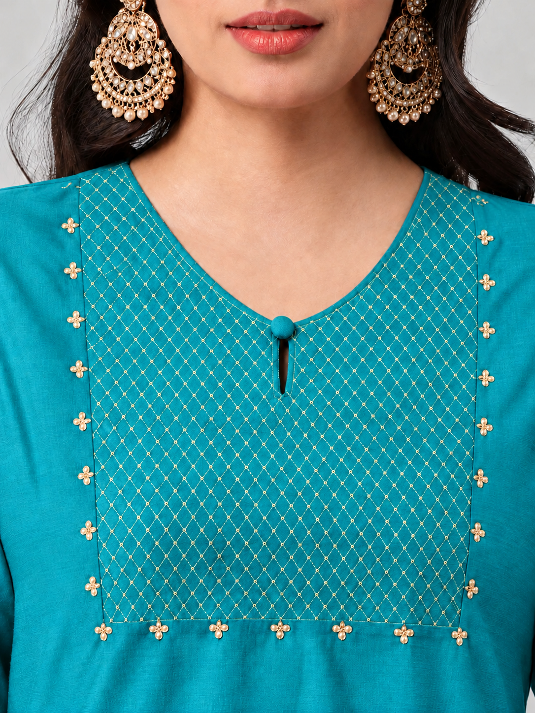 Straight Fit Silk Blend Kurta Set with Zari Embroidery & Sequins work, Plain Matching Palazzo.(Turquoise)