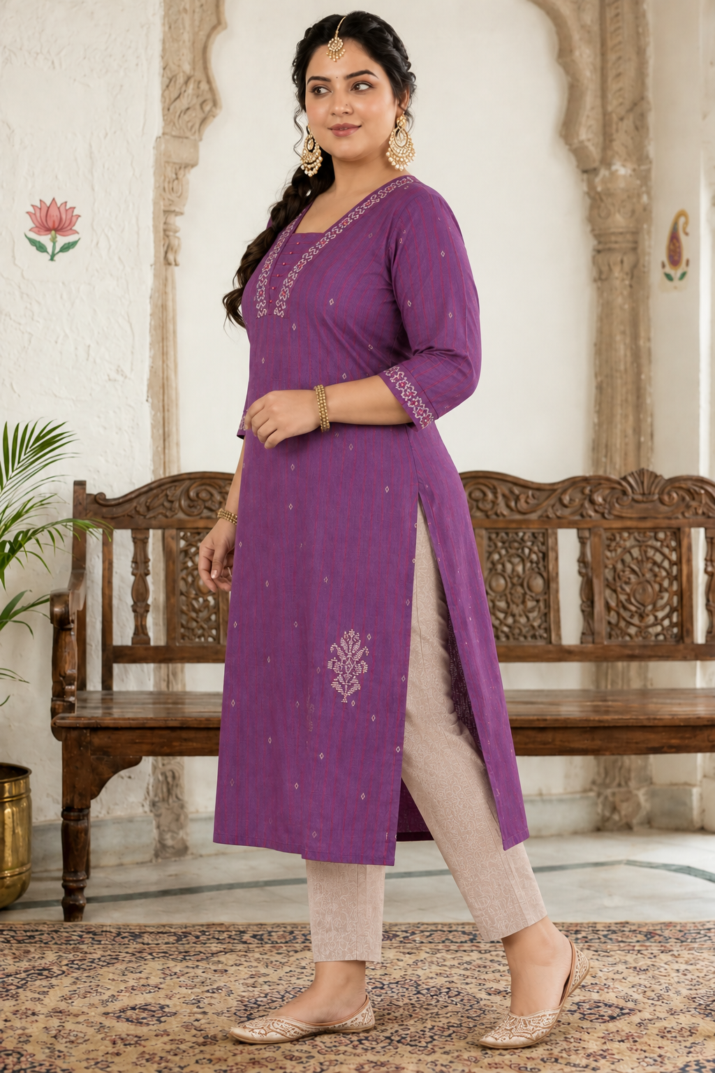 Plus size- Comfortable Cotton Straight Dobby Stripe Kurta with Block Printed Neckline and Hem Placement