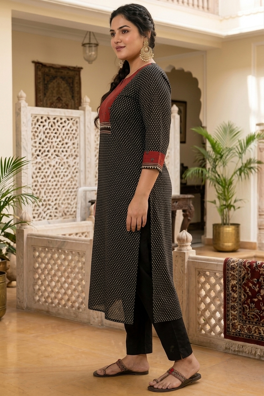 Plus size- Stylish Cotton Printed Straight Kurta with Ajrakh Design and Mirror Work Yoke Accent